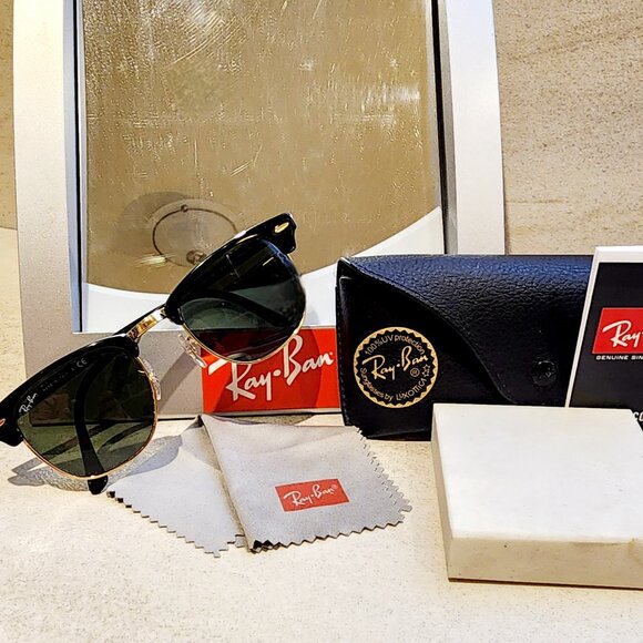 Ray-Ban RB3016 Clubmaster / Polished Black Frame over Gold w/ G-15 Green Lenses - Picture 1 of 13
